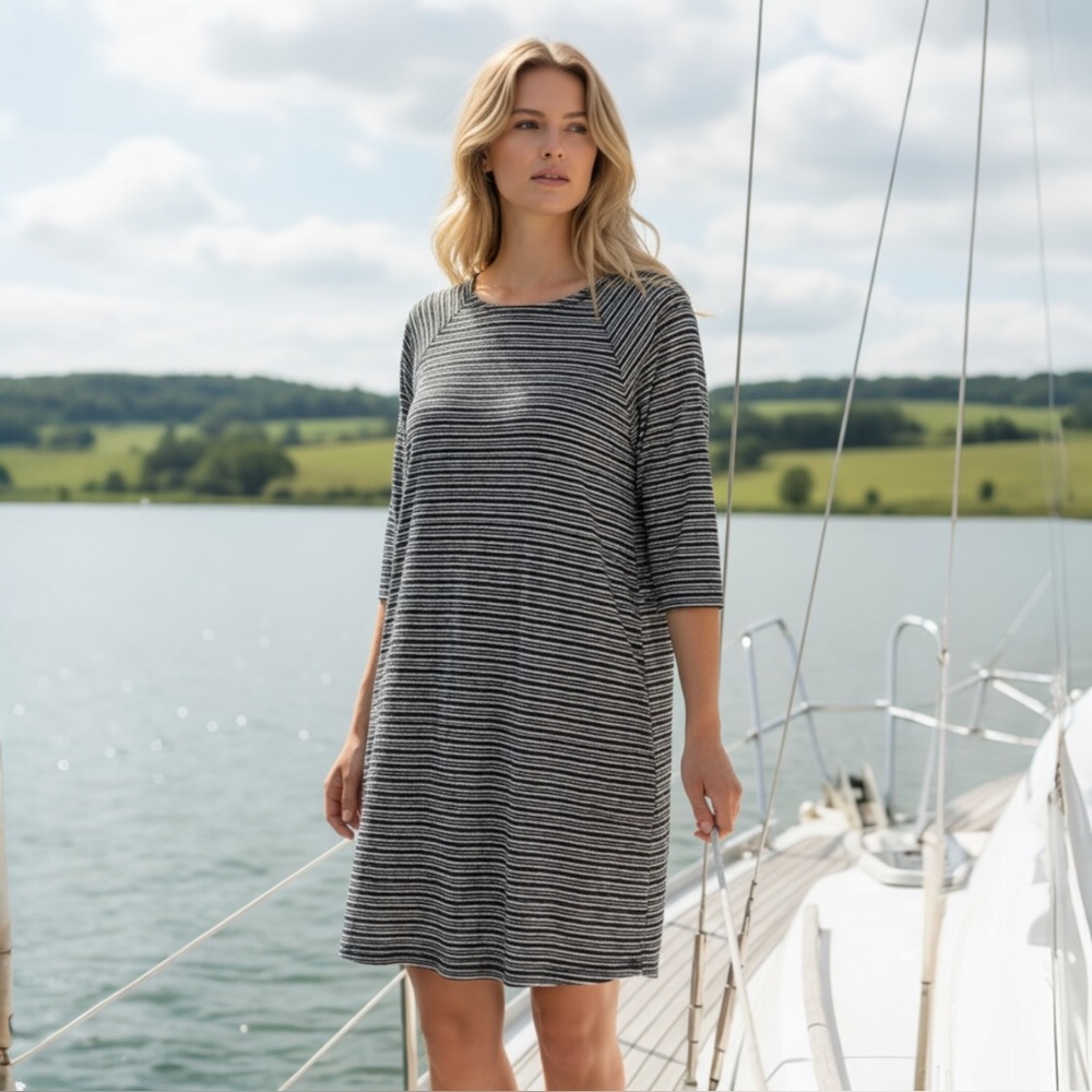 T By Talbots Small Navy White Dolman Sleeve Striped Sheath Shirt Dress Coastal
